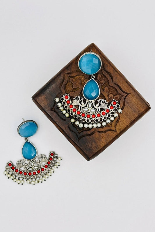 Blush & Azure Harmony: Silver Necklace Set with Pink and Blue Stones - swadeshsouq.com