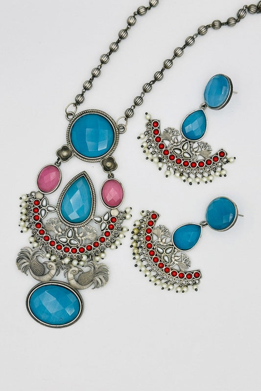 Blush & Azure Harmony: Silver Necklace Set with Pink and Blue Stones - swadeshsouq.com