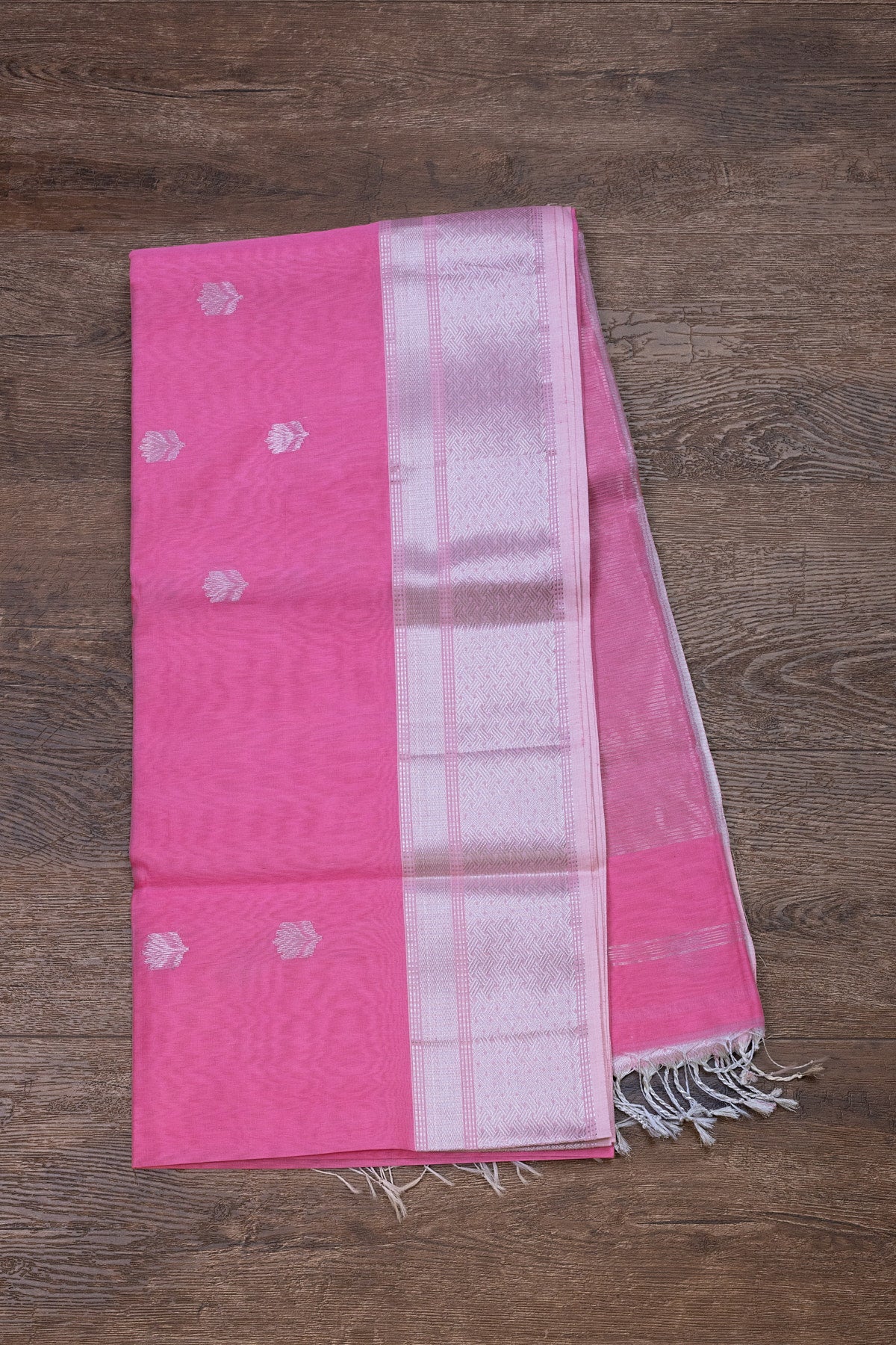 Blush Elegance: Maheshwari Silk-Cotton with Silver Zari & Lotus Butti - swadeshsouq.com