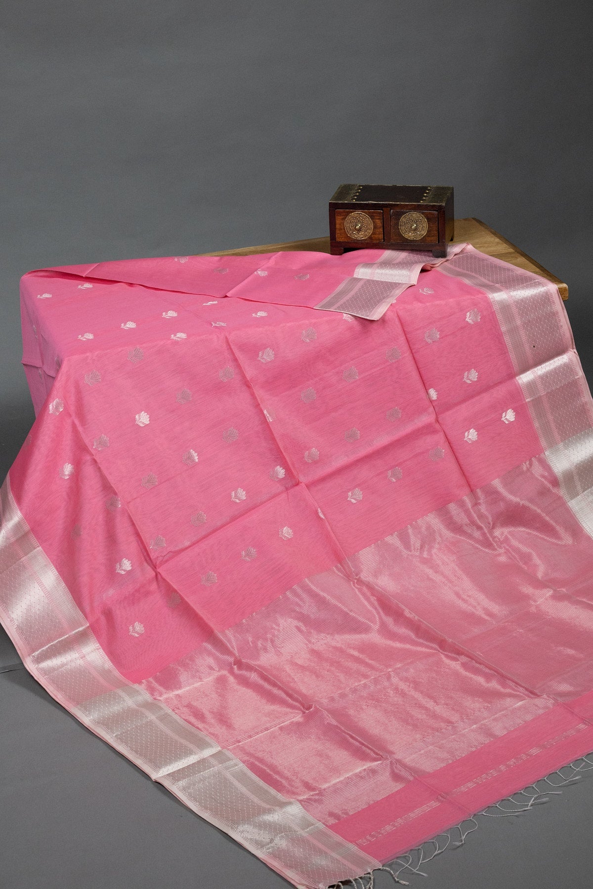 Blush Elegance: Maheshwari Silk-Cotton with Silver Zari & Lotus Butti - swadeshsouq.com