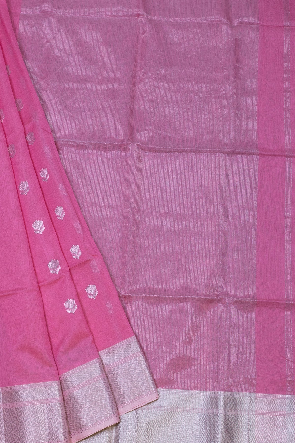 Blush Elegance: Maheshwari Silk-Cotton with Silver Zari & Lotus Butti - swadeshsouq.com