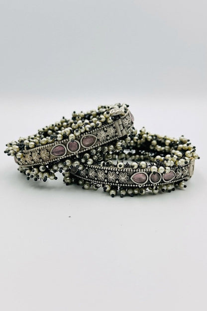 Blush Grace: Light Pink Stone Silver Bangles with Pearls - swadeshsouq.com