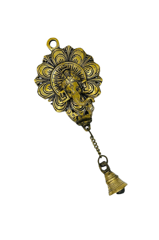 Brass Ganesh Face, Door or Wall Hanging with Hanging Bell - swadeshsouq.com