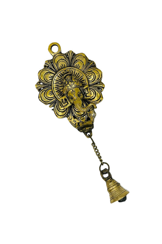 Brass Ganesh Face, Door or Wall Hanging with Hanging Bell - swadeshsouq.com