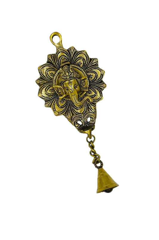 Brass Ganesh Face Door/Wall Hanging with Floral Design and Bell - swadeshsouq.com