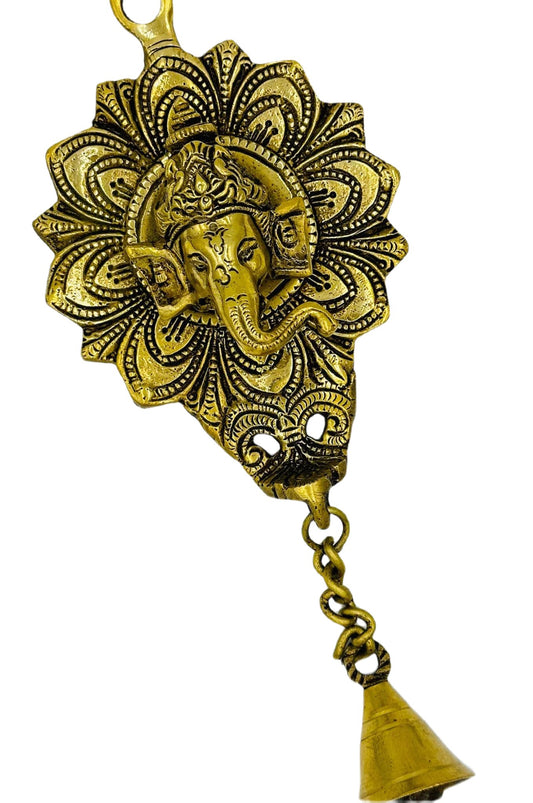 Brass Ganesh Face Door/Wall Hanging with Floral Design and Bell - swadeshsouq.com