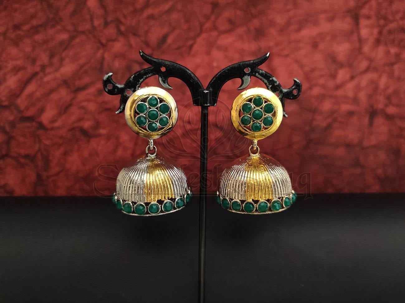 Brass Jhumkas with Silver and Gold Finish and Green Stones Embellishment. - swadeshsouq.com