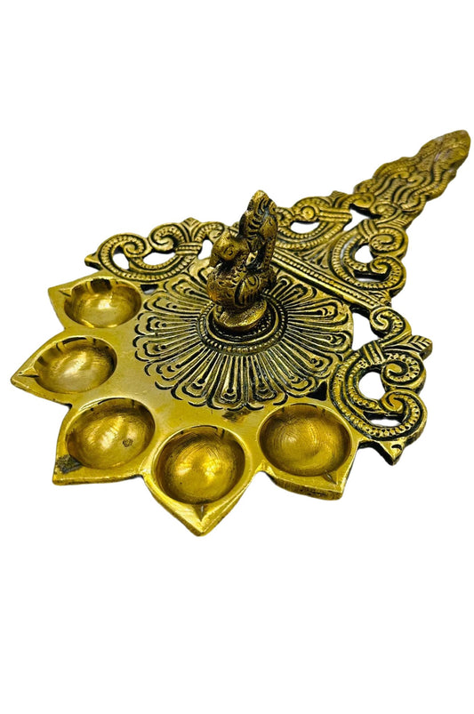 Brass Peacock Diya with Five Wicks - swadeshsouq.com