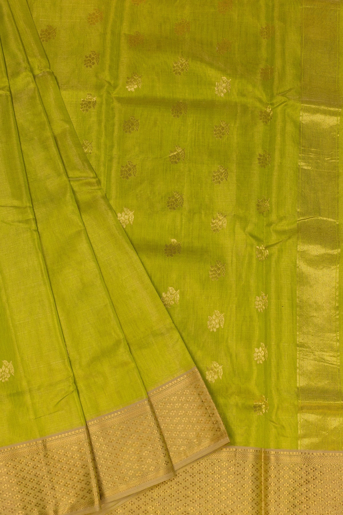 Bright Olive Green Maheshwari Silk Zari Tissue Saree - swadeshsouq.com