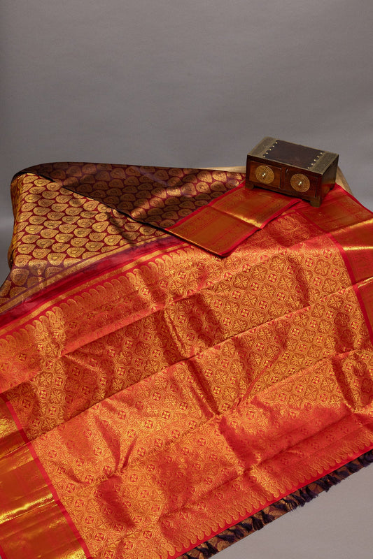 Brown and Red Kanjeevaram Silk Saree with Intricate Gold Zari Detailing - swadeshsouq.com