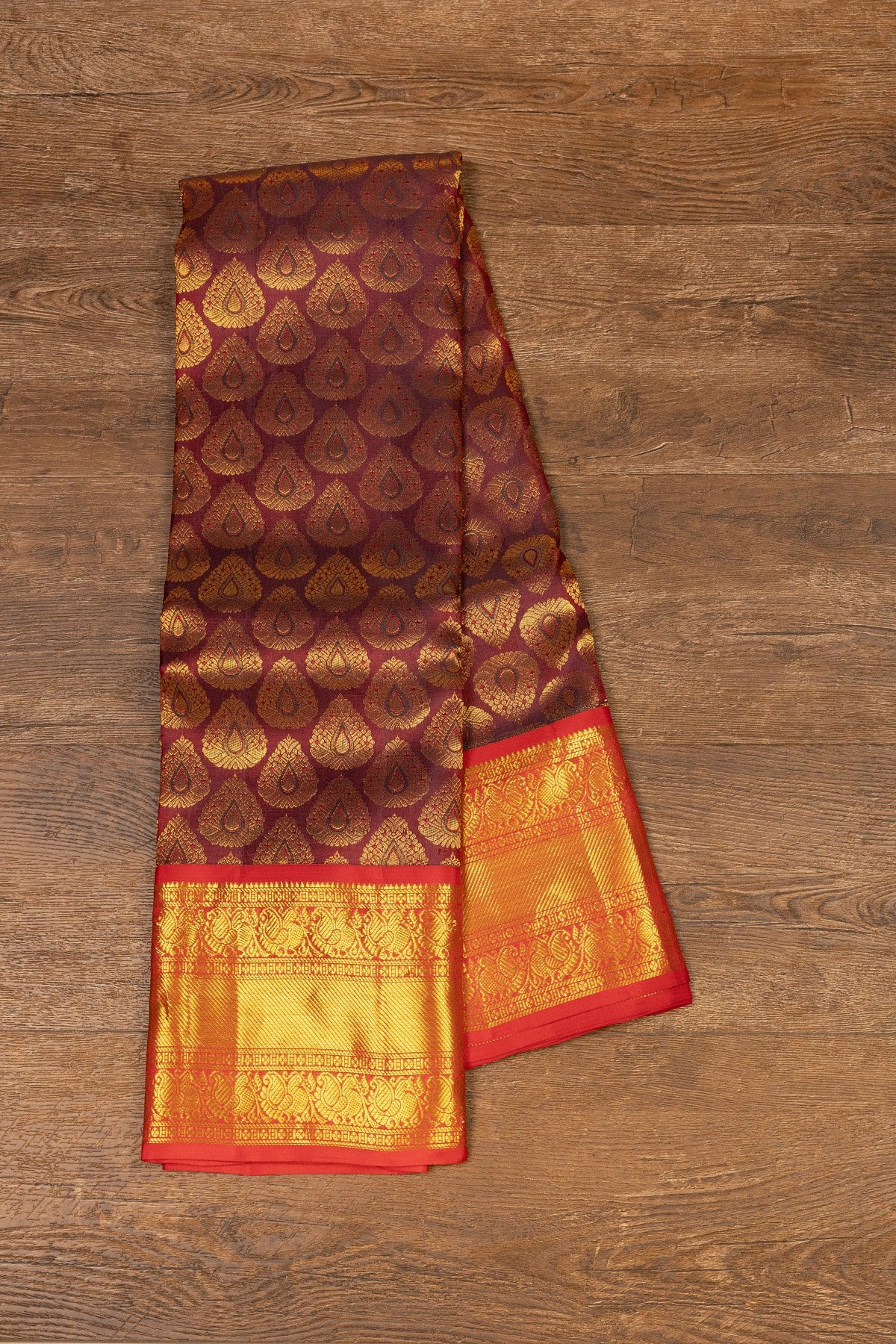 Brown and Red Kanjeevaram Silk Saree with Intricate Gold Zari Detailing - swadeshsouq.com