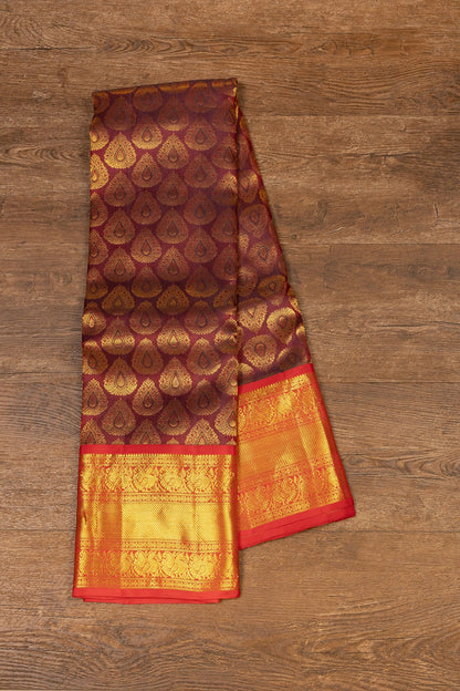 Brown and Red Kanjeevaram Silk Saree with Intricate Gold Zari Detailing - swadeshsouq.com