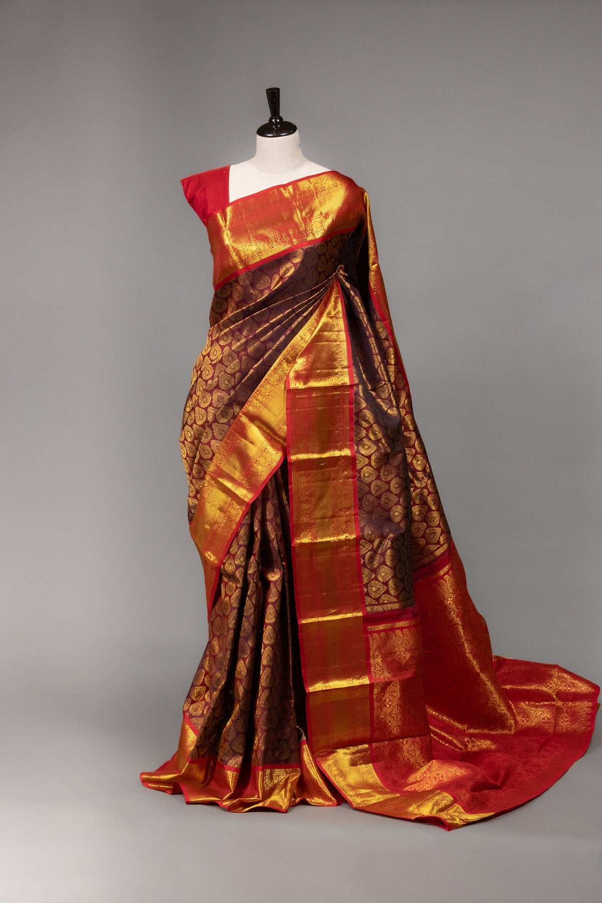 Brown and Red Kanjeevaram Silk Saree with Intricate Gold Zari Detailing - swadeshsouq.com