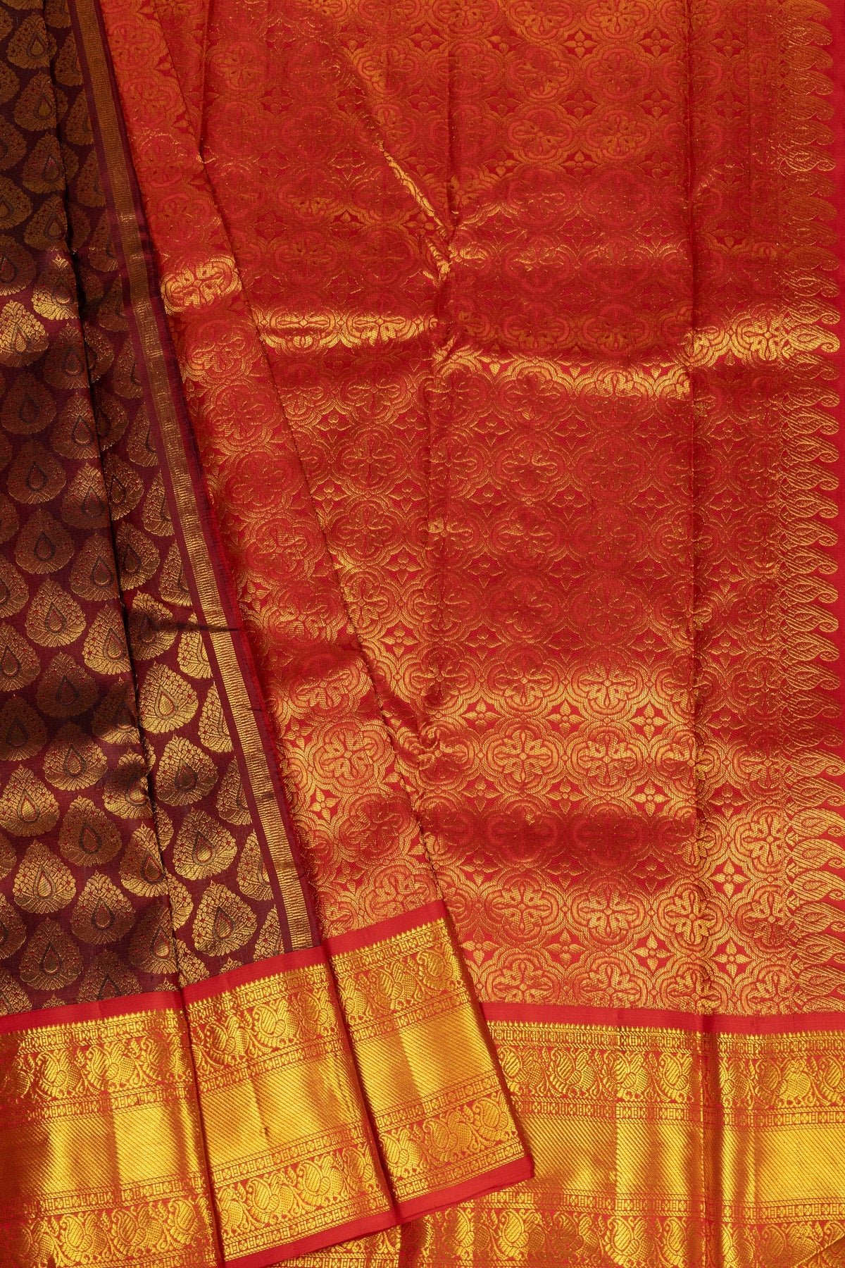 Brown and Red Kanjeevaram Silk Saree with Intricate Gold Zari Detailing - swadeshsouq.com