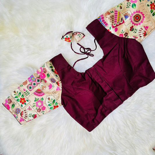 Burgundy Blouse with Contrast Sleeves: A Beautifully Designed Statement Piece. - swadeshsouq.com