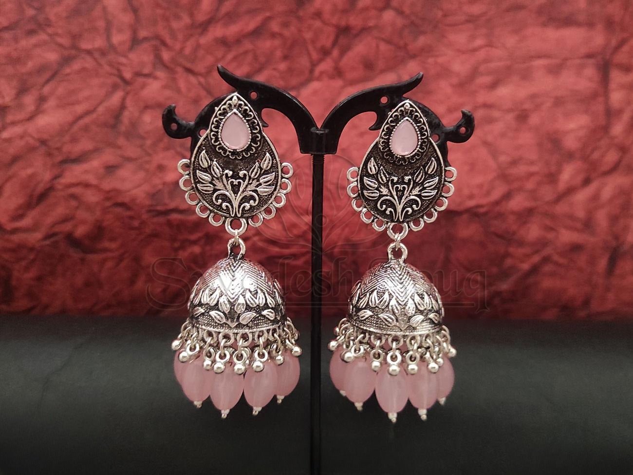 Charming Pink Beaded Jhumka Earrings in Oxidized Silver. - swadeshsouq.com