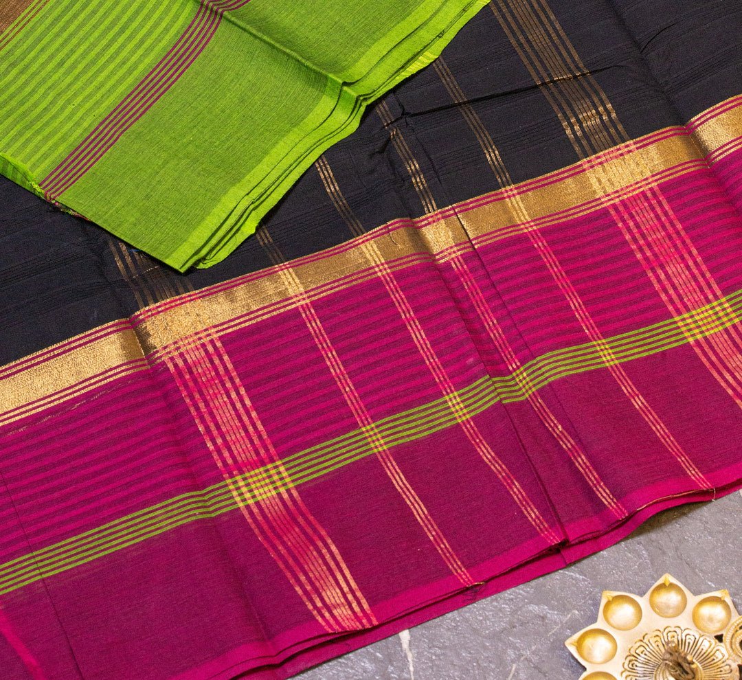 "Chettinad Charm" - Black Saree with Pink and Green Borders and Dorio, in Pure Cotton - swadeshsouq.com