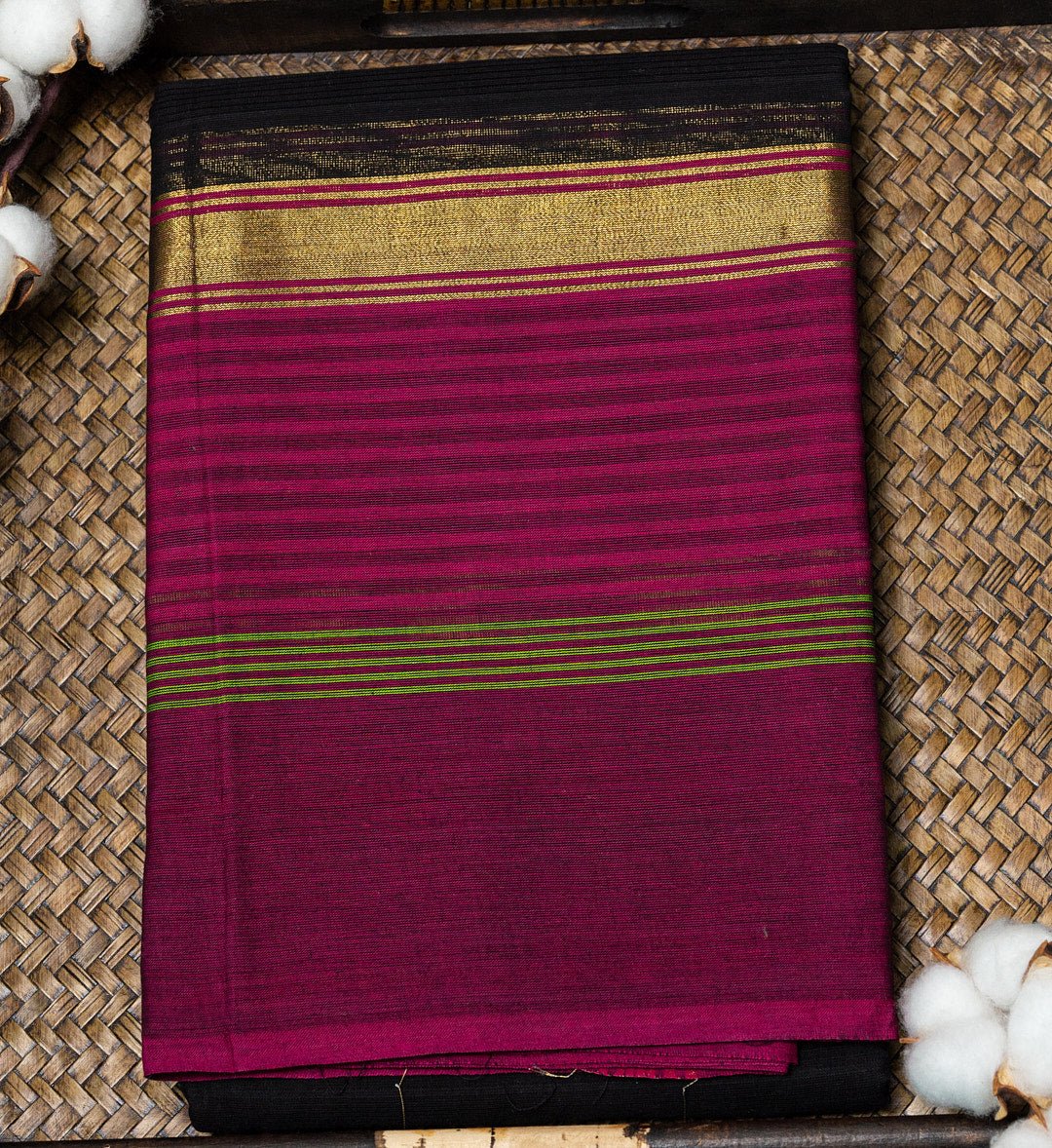 "Chettinad Charm" - Black Saree with Pink and Green Borders and Dorio, in Pure Cotton - swadeshsouq.com