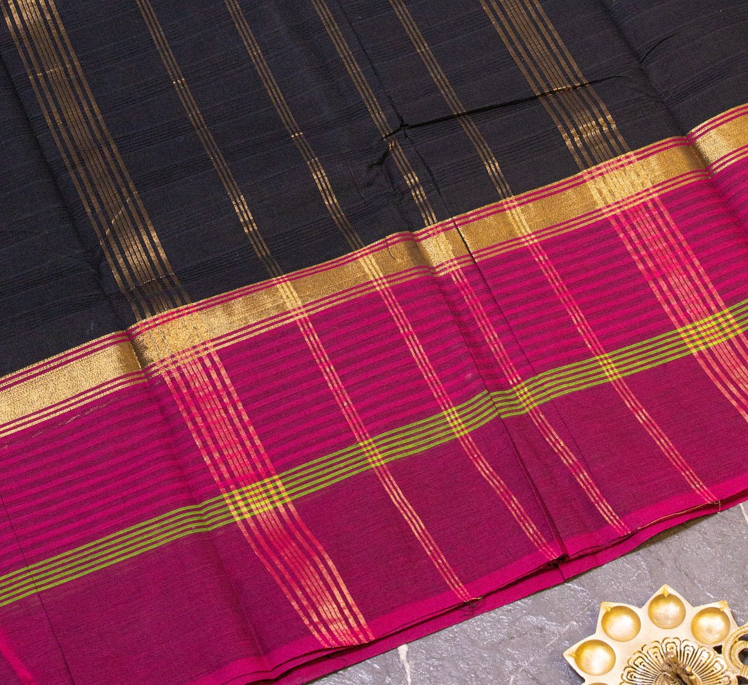 "Chettinad Charm" - Black Saree with Pink and Green Borders and Dorio, in Pure Cotton - swadeshsouq.com