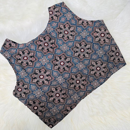 Chic Indigo: Intricately Handcrafted Ajrak Print High Neck Cotton Blouse. - swadeshsouq.com