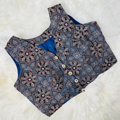 Chic Indigo: Intricately Handcrafted Ajrak Print High Neck Cotton Blouse. - swadeshsouq.com