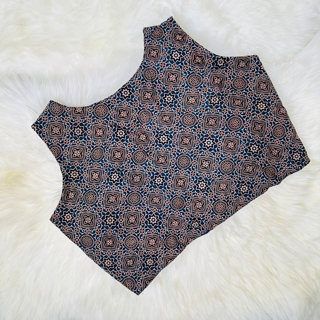 Chic Indigo: Intricately Handcrafted Ajrak Print High Neck Cotton Blouse. - swadeshsouq.com