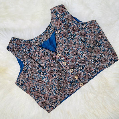 Chic Indigo: Intricately Handcrafted Ajrak Print High Neck Cotton Blouse. - swadeshsouq.com