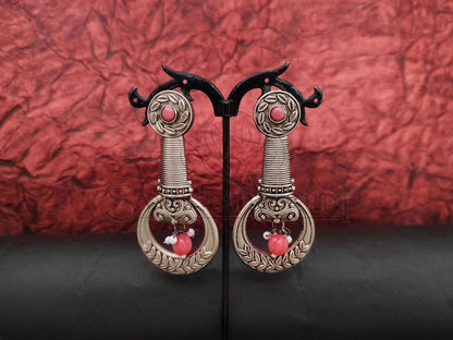 Classic Elegance - Intricately Crafted Oxidised Silver Long Earrings with Beads. - swadeshsouq.com