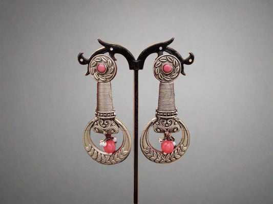 Classic Elegance - Intricately Crafted Oxidised Silver Long Earrings with Beads. - swadeshsouq.com