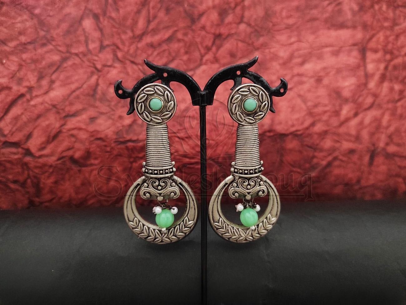 Classic Elegance - Intricately Crafted Oxidised Silver Long Earrings with Beads. - swadeshsouq.com