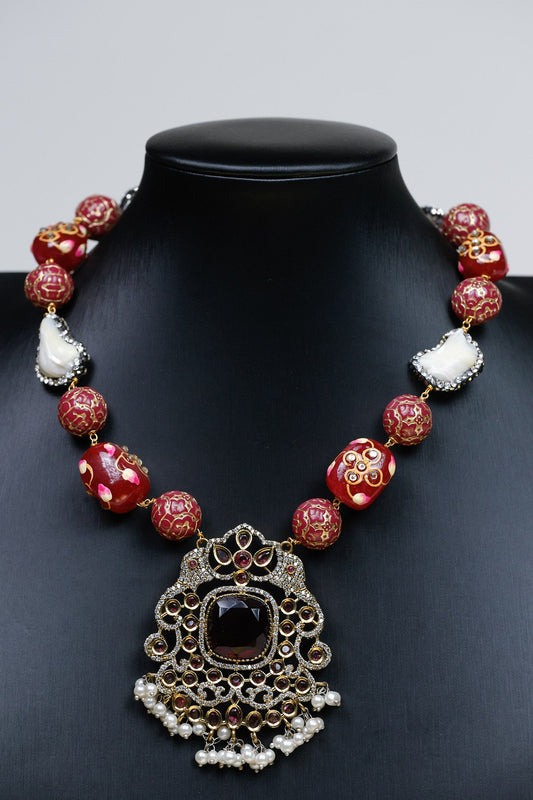 Coral Elegance: Handcrafted Bead & Pendant Ensemble - swadeshsouq.com