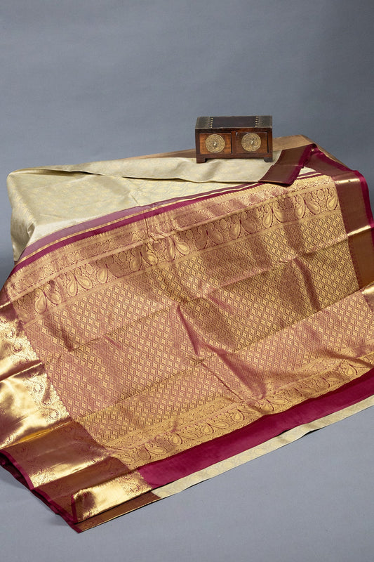 Cream and Maroon Kanjeevaram Silk Saree with Intricate Handwoven Gold Zari - swadeshsouq.com