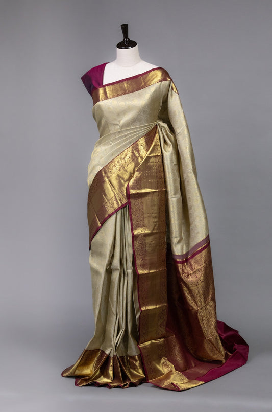 Cream and Maroon Kanjeevaram Silk Saree with Intricate Handwoven Gold Zari - swadeshsouq.com