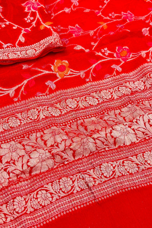 Crimson Cascade: Red Banarasi Pure Georgette Dupatta - swadeshsouq.com