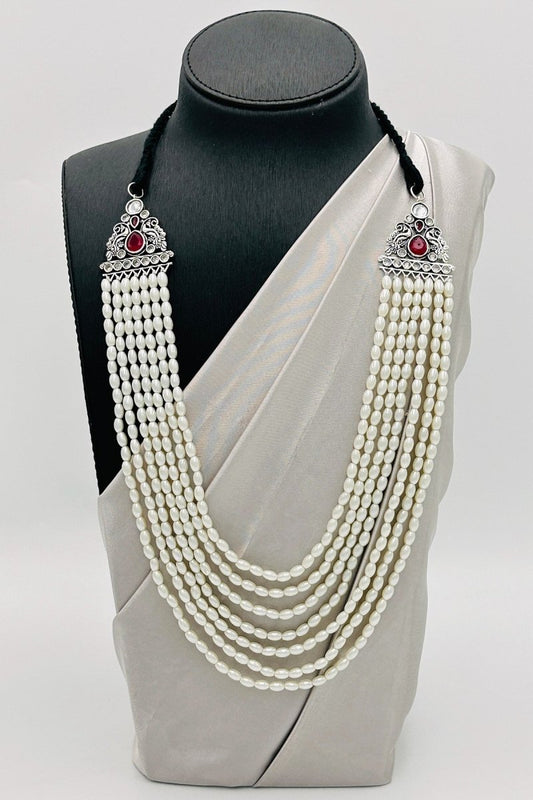 Crimson Charm: Red Pearl Necklace Set with Peacock Pendant - swadeshsouq.com