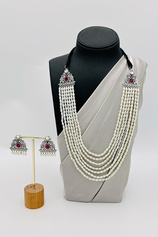 Crimson Charm: Red Pearl Necklace Set with Peacock Pendant - swadeshsouq.com