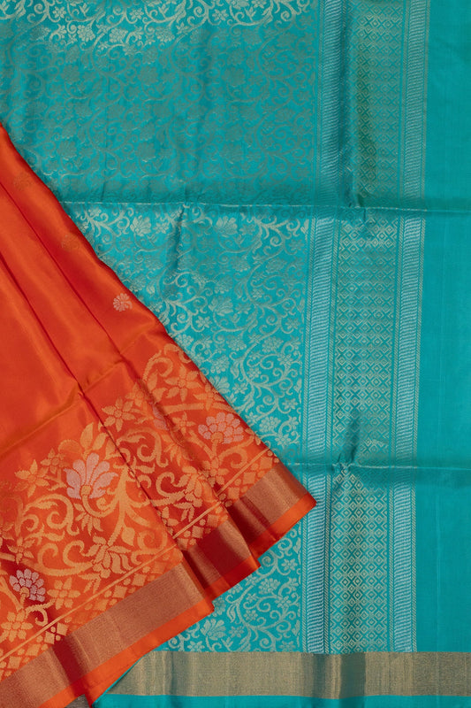 Crimson Opulence: Red and Turquoise Blue kanjivaram Silk Saree with Golden Zari Khaddi Border - swadeshsouq.com