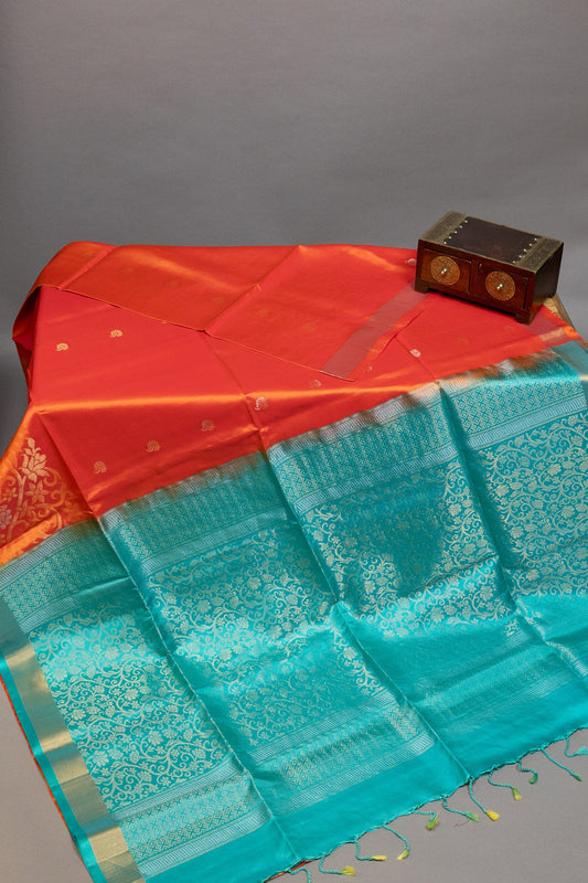 Crimson Opulence: Red and Turquoise Blue kanjivaram Silk Saree with Golden Zari Khaddi Border - swadeshsouq.com