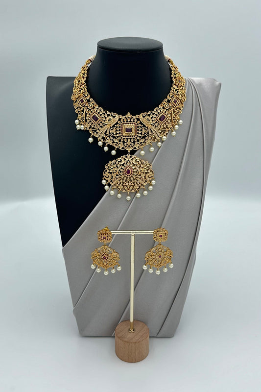 CZ Stone & Pearl Necklace Ensemble - swadeshsouq.com