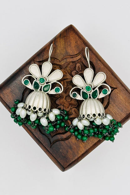 Dark Green Beads Jhumkas - swadeshsouq.com