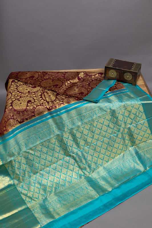 Deep Maroon and Blue Kanjeevaram Silk Saree with Gold Zari Artistry - swadeshsouq.com