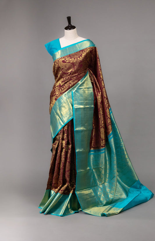 Deep Maroon and Blue Kanjeevaram Silk Saree with Gold Zari Artistry - swadeshsouq.com