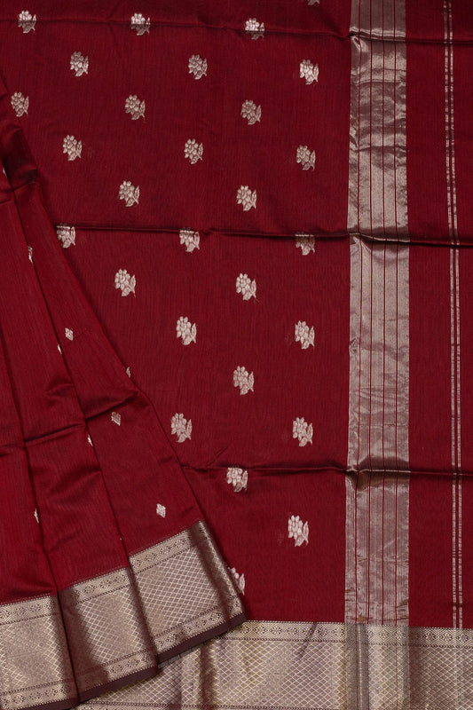 DEEP MAROON MAHESHWARI SILKCOTTON ELEGANCE WITH ROSE BUTTI - swadeshsouq.com