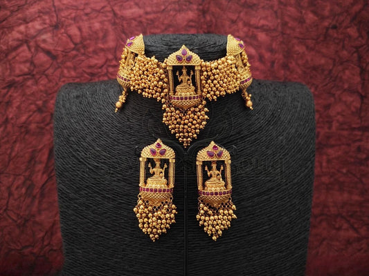 Divine Beauty: Temple Design Choker Set with Ruby Embellishments - swadeshsouq.com