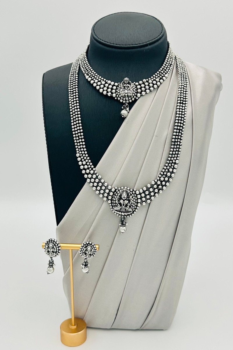 Divine Lakshmi Oxidised Silver Necklace Set with Matching Earrings. - swadeshsouq.com