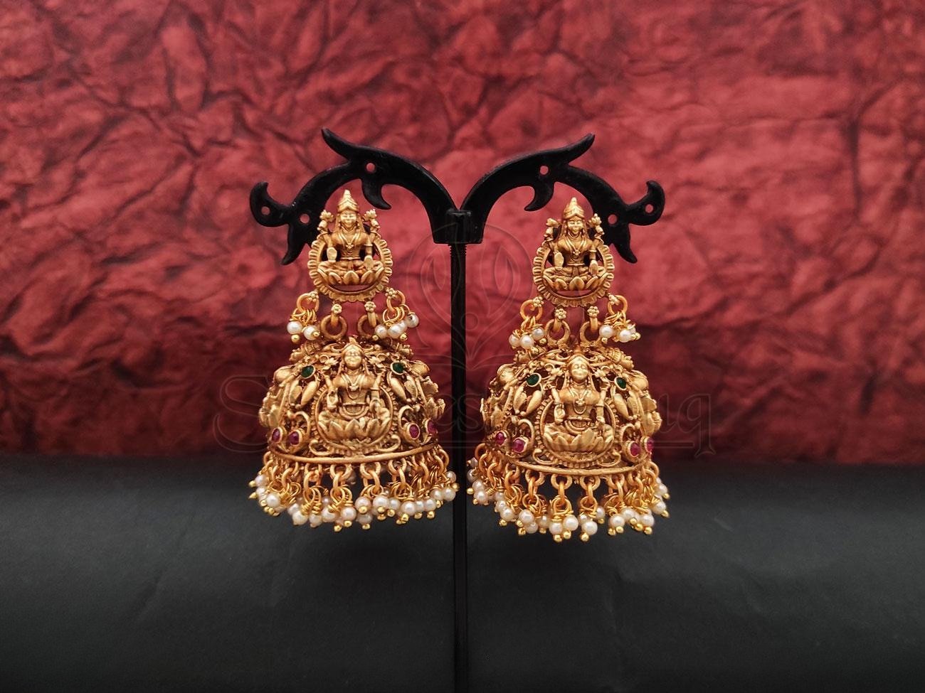 Divine Temple-Inspired Jhumkas with Lakshmi Motifs and Pearls - swadeshsouq.com