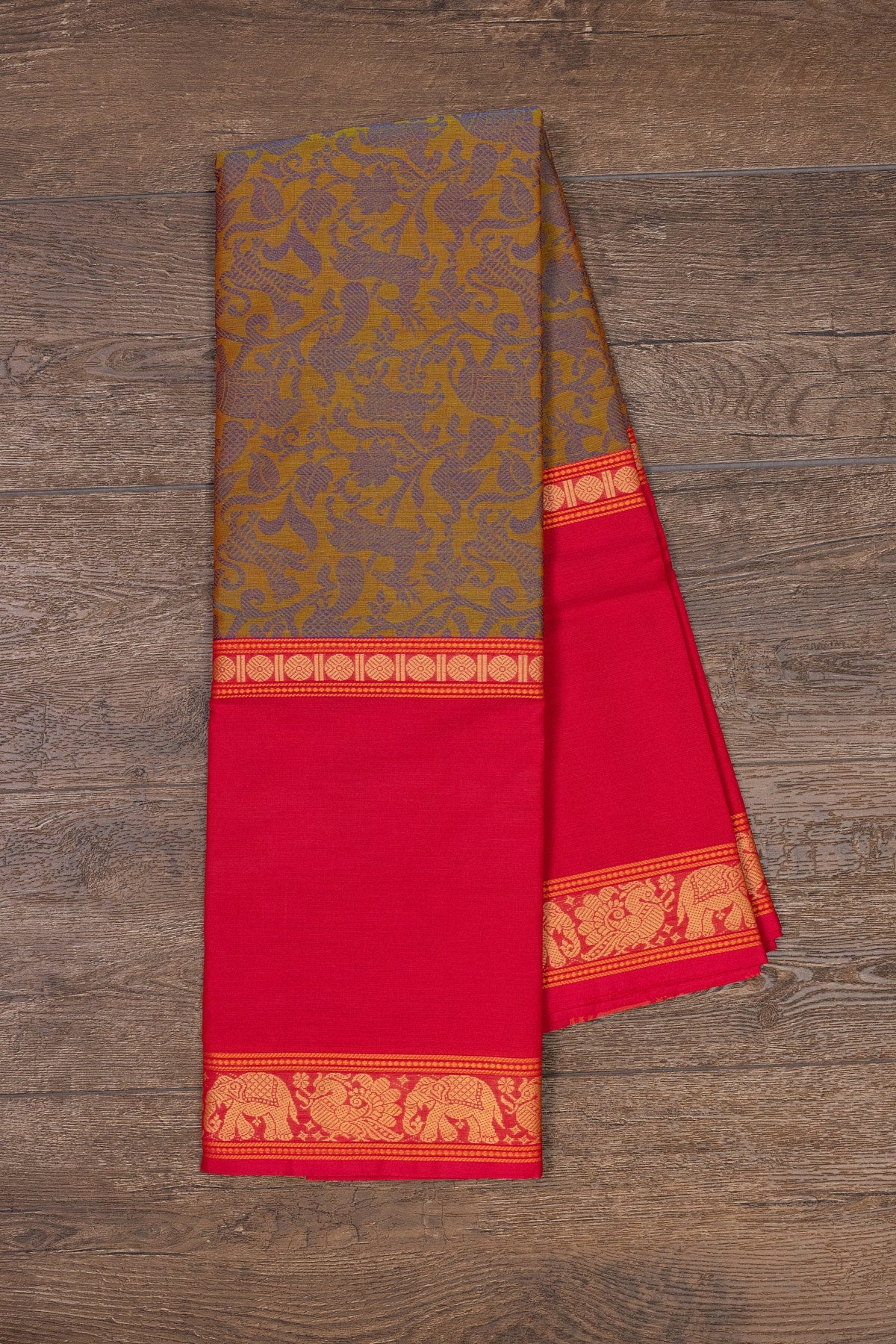 Dual-Toned Mustard Green & Pink Majesty with Heritage Weaves - swadeshsouq.com