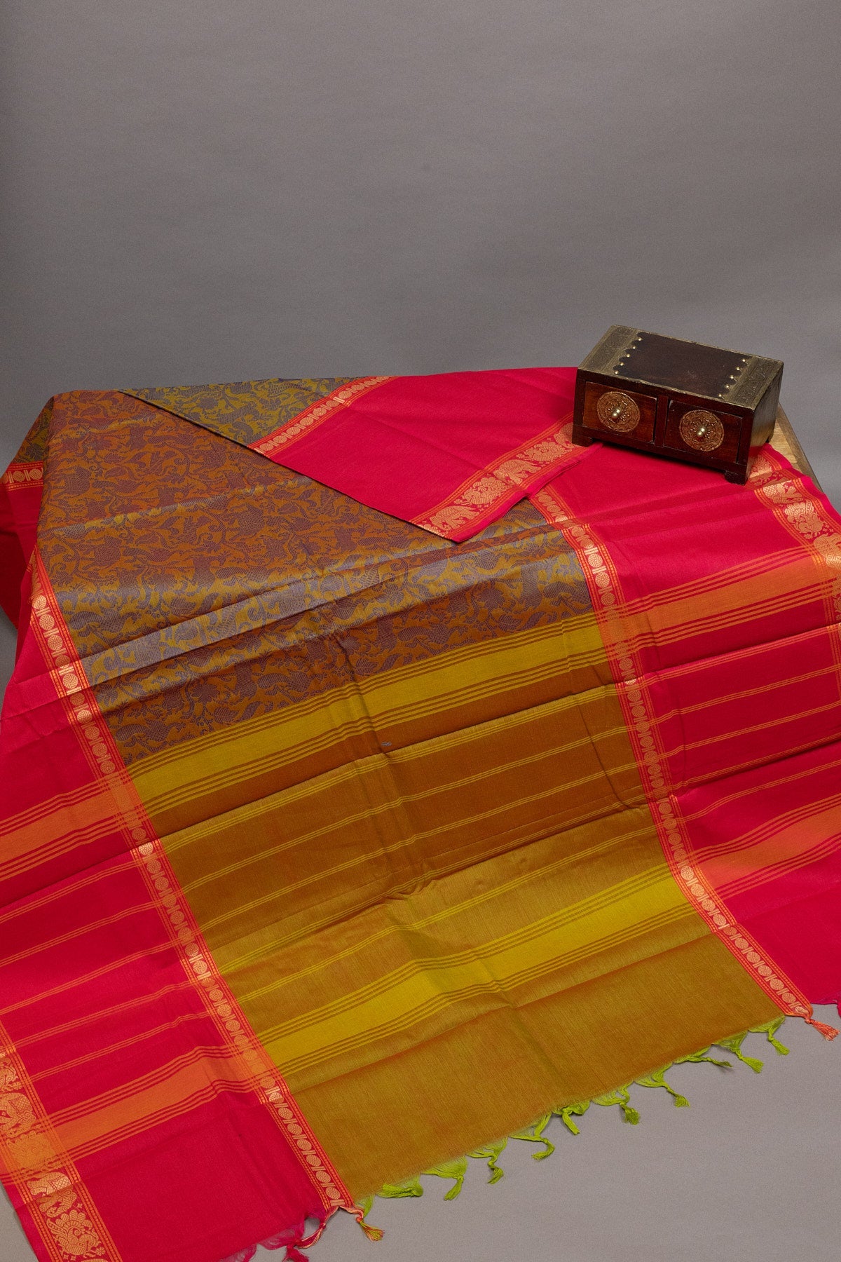 Dual-Toned Mustard Green & Pink Majesty with Heritage Weaves - swadeshsouq.com