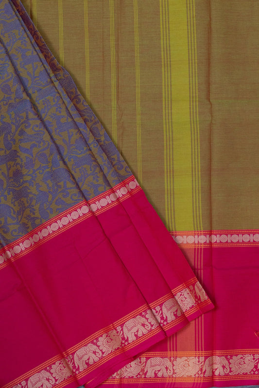 Dual-Toned Mustard Green & Pink Majesty with Heritage Weaves - swadeshsouq.com