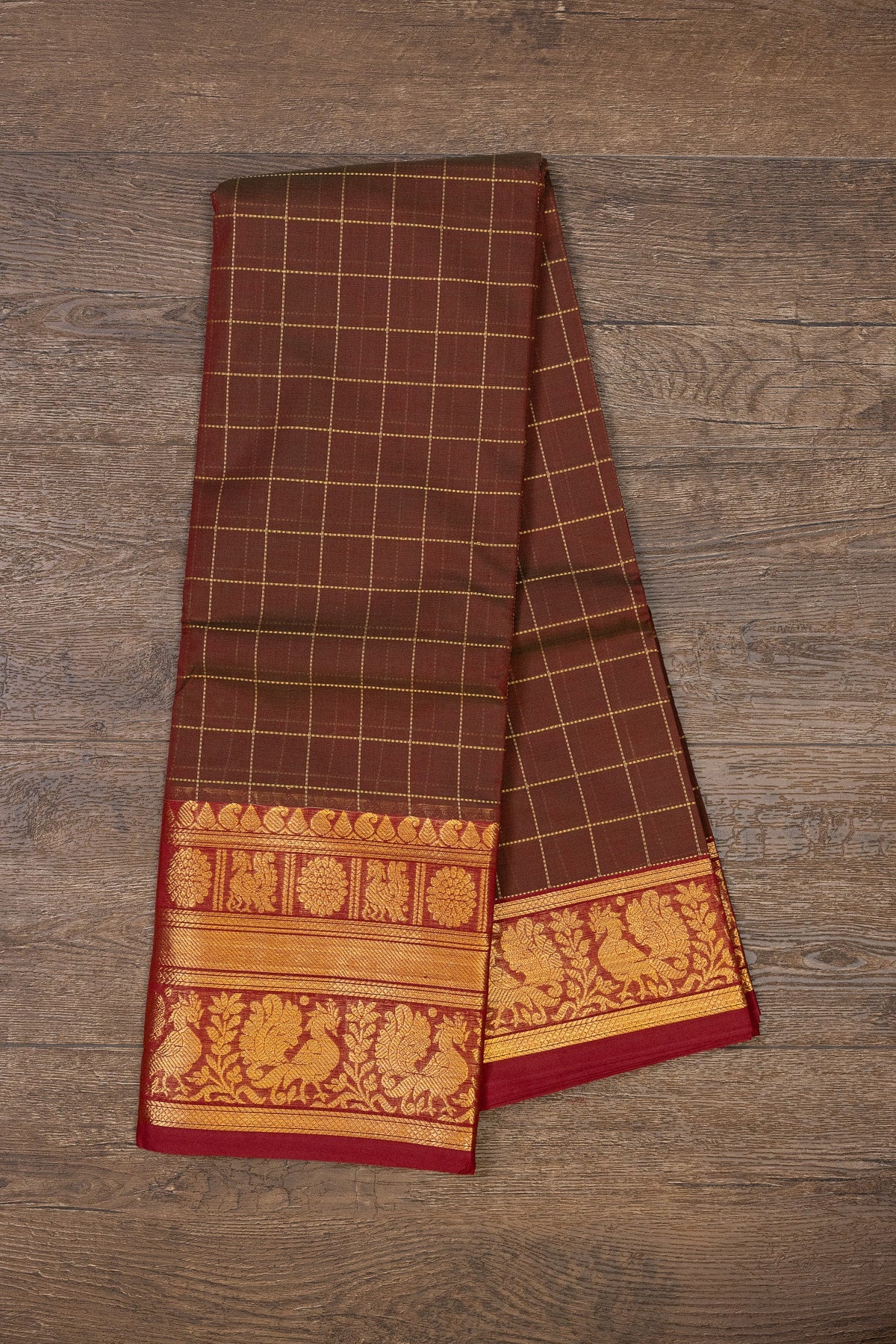 Earthy Brown & Regal Red with Zari Flourishes - swadeshsouq.com